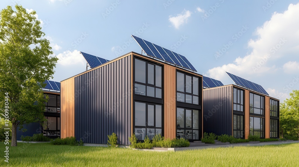 Renewable energy collaboration for sustainable communities. Modern eco-friendly houses with solar panels in a green landscape.