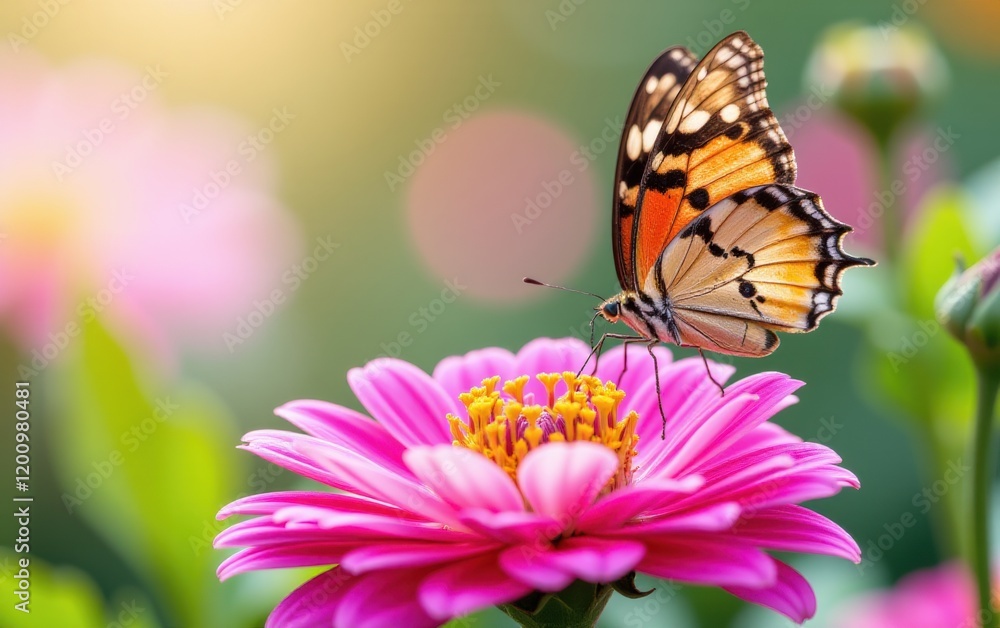 A vibrant butterfly with intricate wing patterns delicately lands in warm sunlight. A vibrant butterfly with intricate wing patterns delicately lands in warm sunlight.