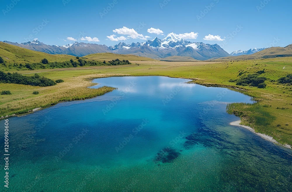 Obraz premium Serene mountain lake nestled amidst majestic snow capped peaks