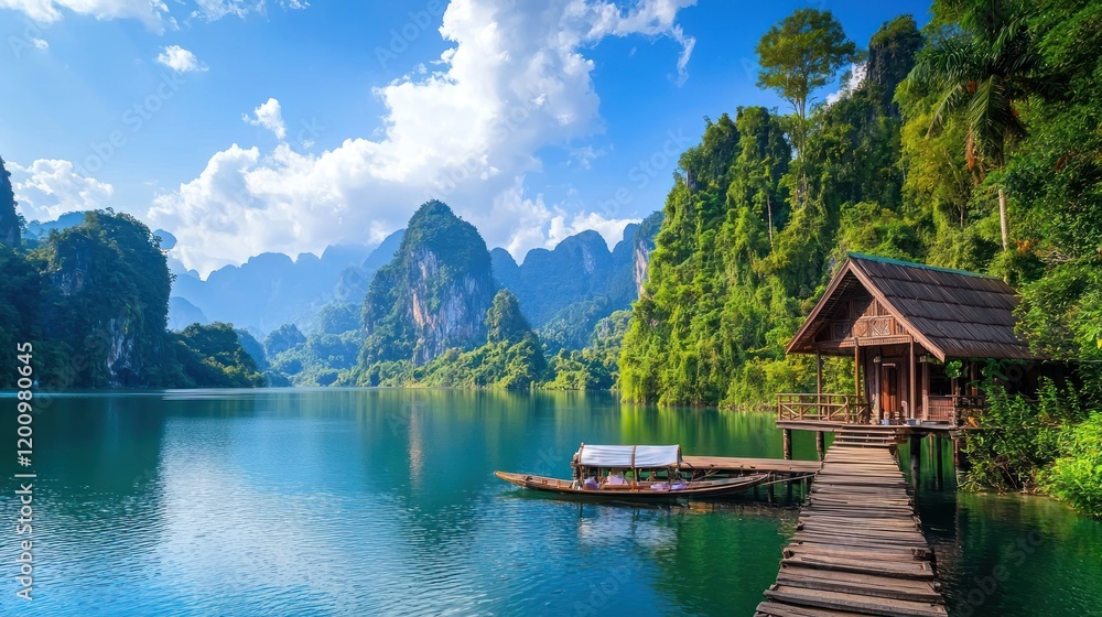 Fototapeta premium Serene Lakeside Getaway: A Picturesque Wooden Cabin Nestled Amongst Lush Green Mountains and Tranquil Turquoise Waters in Thailand