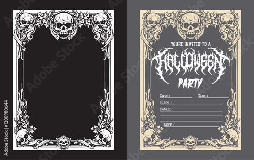 horror skull skeleton satanism frame , festival music poster , death metal poster font, metal band show poster , rock music festival poster