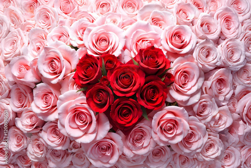 Floral arrangement of heart-shaped red roses with a background of light pink roses. valentine's day theme