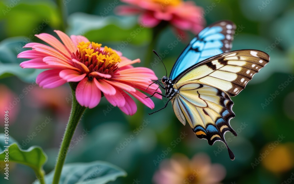 A vibrant butterfly with intricate wing patterns delicately lands in warm sunlight. A vibrant butterfly with intricate wing patterns delicately lands in warm sunlight.