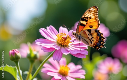 A vibrant butterfly with intricate wing patterns delicately lands in warm sunlight.