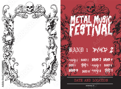 horror skull skeleton satanism frame , festival music poster , death metal poster font, metal band show poster , rock music festival poster