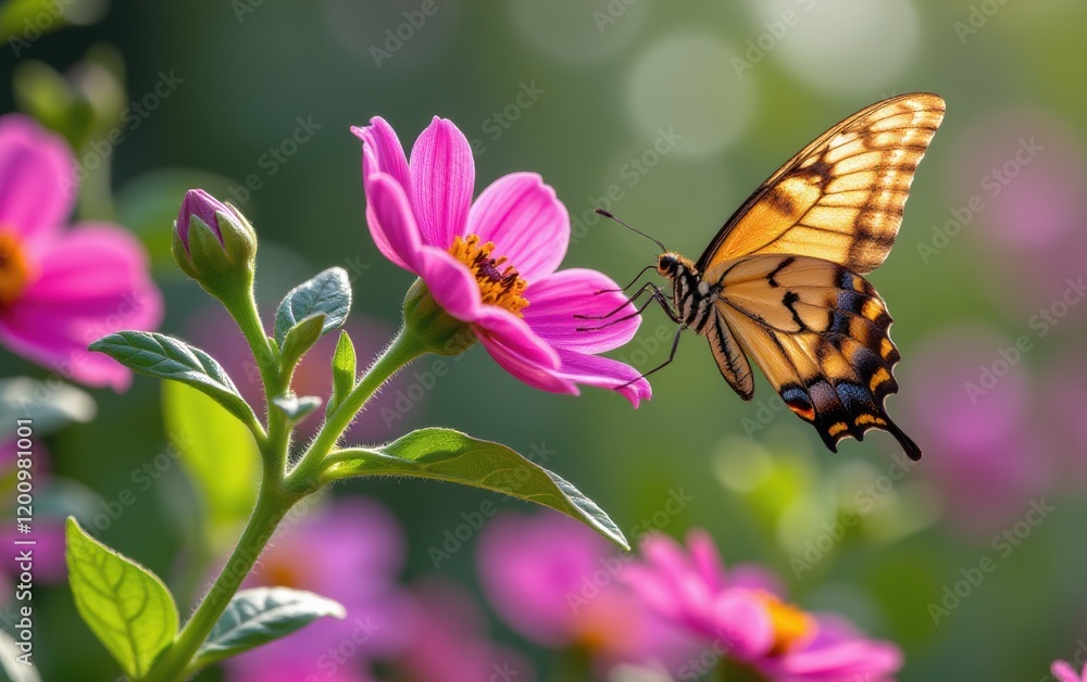 A vibrant butterfly with intricate wing patterns delicately lands in warm sunlight. A vibrant butterfly with intricate wing patterns delicately lands in warm sunlight.