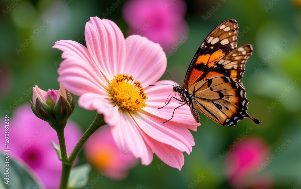 A vibrant butterfly with intricate wing patterns delicately lands in warm sunlight. A vibrant butterfly with intricate wing patterns delicately lands in warm sunlight.