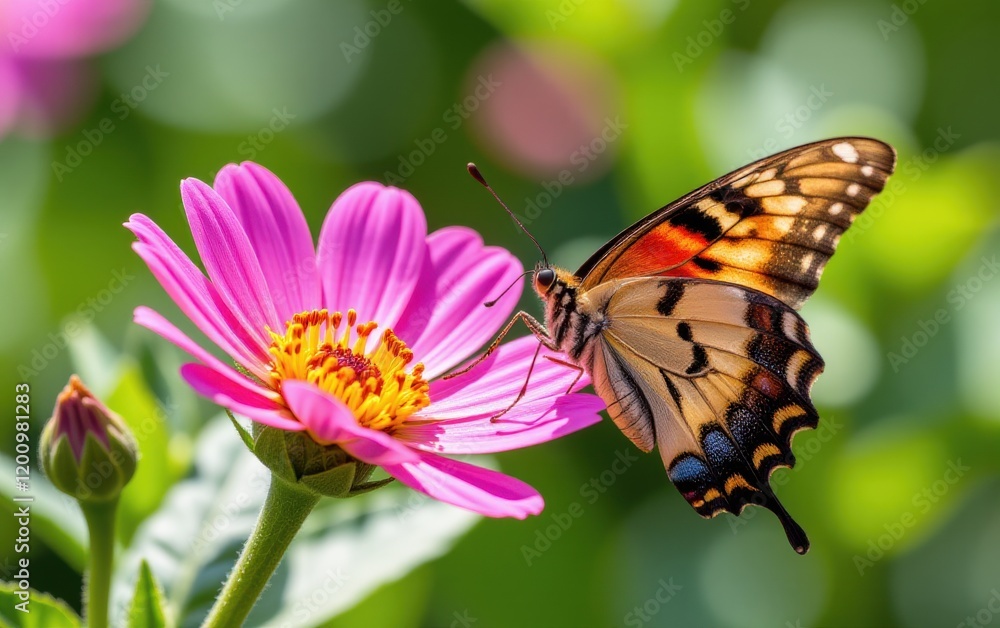 A vibrant butterfly with intricate wing patterns delicately lands in warm sunlight. A vibrant butterfly with intricate wing patterns delicately lands in warm sunlight.