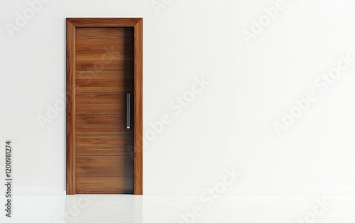 A stylish modern wooden entrance door with polished metallic accents  placed against a white background