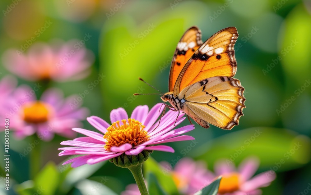 A vibrant butterfly with intricate wing patterns delicately lands in warm sunlight. A vibrant butterfly with intricate wing patterns delicately lands in warm sunlight.