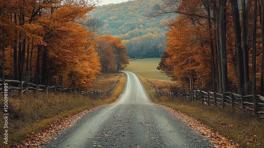 Fototapeta premium A peaceful country road lined with trees in full autumn color