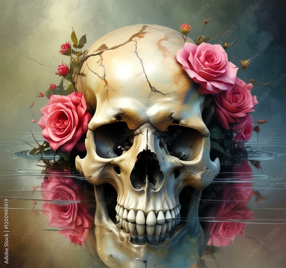 Fototapeta premium Illustration of human skull with roses.