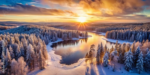 Breathtaking Aerial View of a Finnish Winter Wonderland: Frozen Lake and Snow-Covered Forest photo