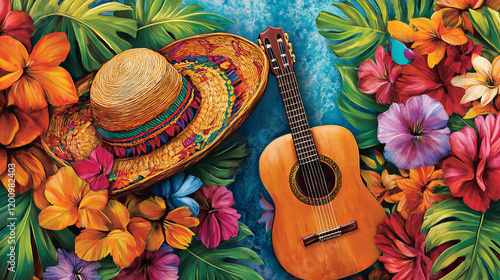 National Hispanic heritage month banner with tropical flowers and sombrero, holiday festival vector background. Hispanic Americans culture, traditions and art heritage poster with poncho and guitar photo