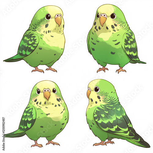 An illustration of bright green budgies in various poses that show off their colorful plumage and charming appearance, perfect for pet and wildlife themes photo