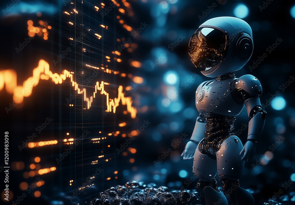 Fototapeta premium Futuristic robot analyzes data in a digital environment illuminated by glowing graphs