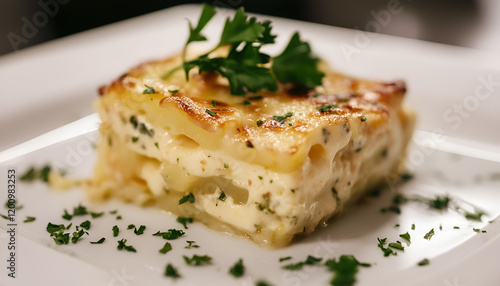 Potato gratin with cream, cheese and parsley on white plate photo