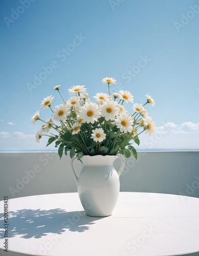 Wallpaper Mural Daisies in a white vase, bright and fresh, on a table with ocean view, copy space Torontodigital.ca