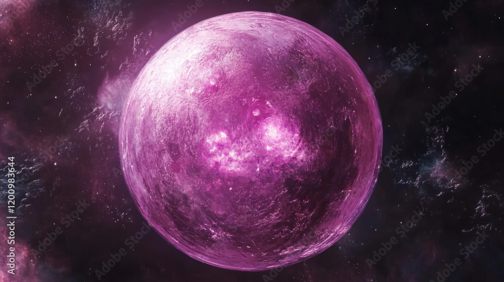 Fototapeta premium Fantastic metal cyber planet, vector fantasy comet, ski-fi or technical Ui game object. Galaxy meteor, pink space globe with metallic details on surface, isolated sphere in universe, alien world