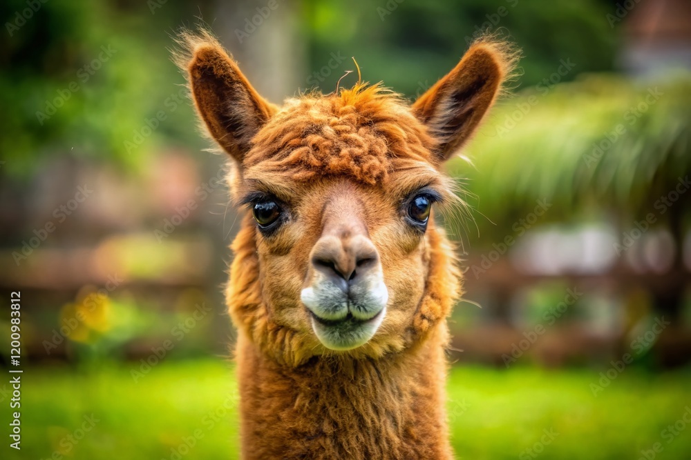 Obraz premium Brown Alpaca Zoo Portrait - Green Grass Background Stock Photo