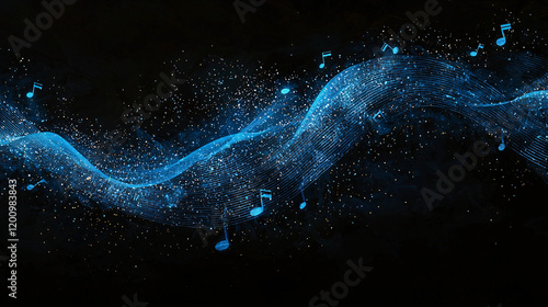 Abstract Digital Waves of Glowing Blue Light Particles with Scattered Musical Notes, Highlighting Themes of Music, Technology, and Creativity in a Futuristic Composition photo