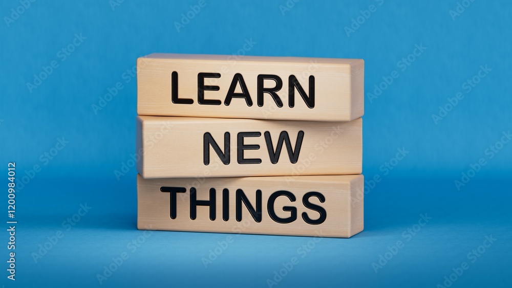 Obraz premium Learn new things symbol. Concept words Learn new things on wooden blocks. Business and Learn new things concept. Copy space.3D rendering on blue background.