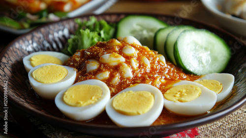 Malaysian cuisine restaurant meals, dishes menu cover. Boiled eggs Sambal Telur, sesame beef and Gado Gado, Kuih Keria, cucumber pineapple salad Kerabu Timun and soup Nyonya, Tauhu Sumbat vector photo