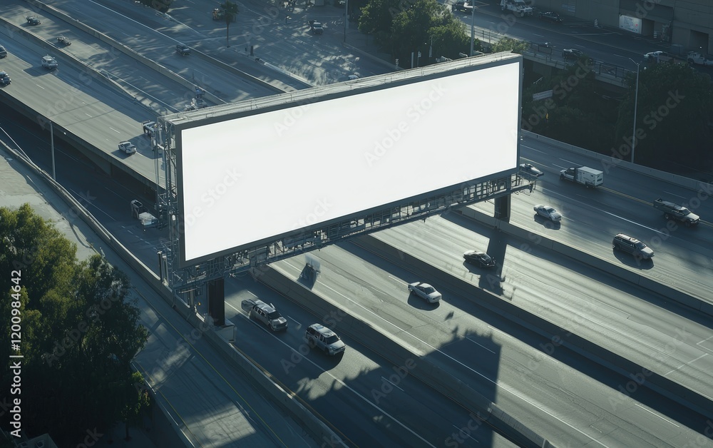 A mockup of a large advertising billboard at a highway intersection, with a blank spot for text, and cars passing by below A mockup of a large advertising billboard at a highway intersection, with a blank spot for text, and cars passing by below
