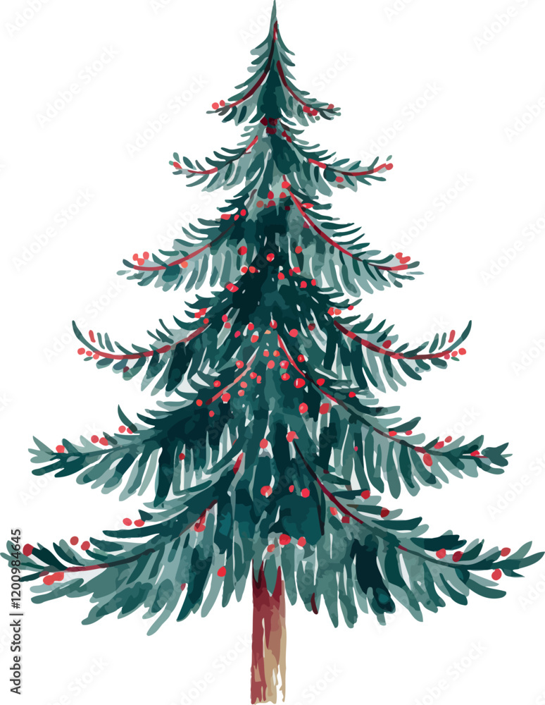 Fototapeta premium a lush, evergreen tree, resembling a classic Christmas tree. The branches are densely packed with vibrant green needles, showcasing a rich, deep color that conveys a sense of vitality.