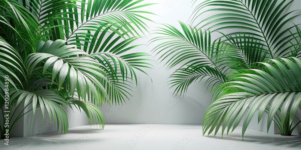Fototapeta premium Serene Minimalist Scene with Lush Tropical Foliage Framing a Blank Space