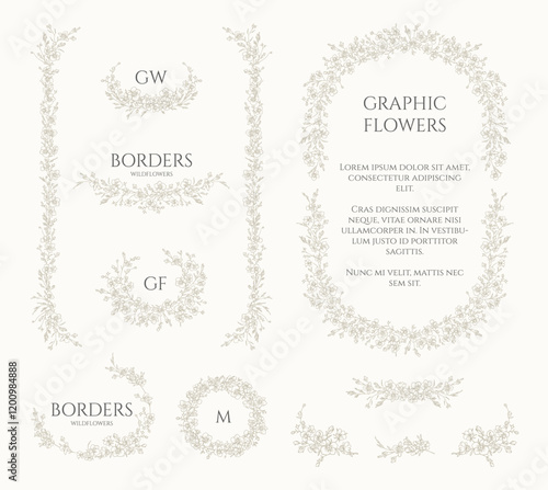 Graphic wildflowers. Сollection of frames, borders, monograms and corners.
