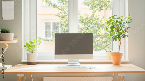 Wallpaper Mural modern home office setup featuring computer, plants, and natural light. workspace is bright and inviting, perfect for productivity and creativity Torontodigital.ca