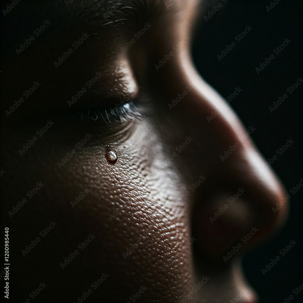 Fototapeta premium close up of a woman's eye with a tear falling down her cheek in a dark setting.