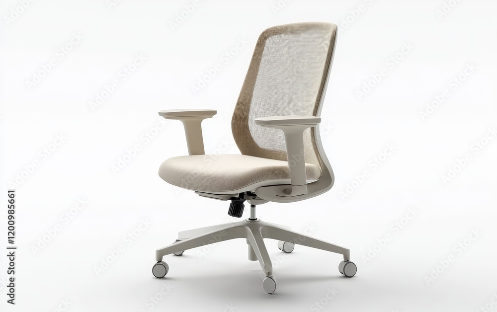 A neutral beige office chair with a mesh back and smooth fabric seat, isolated on a white surface A neutral beige office chair with a mesh back and smooth fabric seat, isolated on a white surface