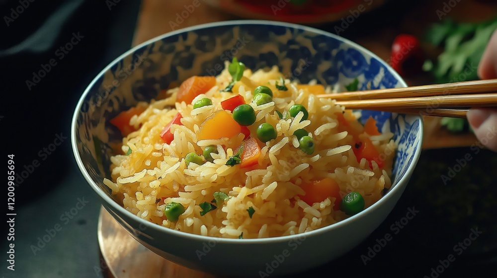 Bowl of Chinese rice with vegetables with chop sticks Bowl of Chinese rice with vegetables with chop sticks