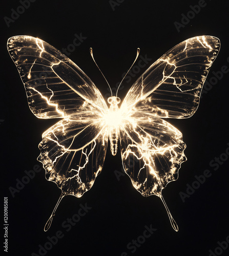 An abstract digital illustration of a glowing butterfly with electric light patterns in blue and orange tones against a dark background, highlighting energy and futuristic aesthetics photo