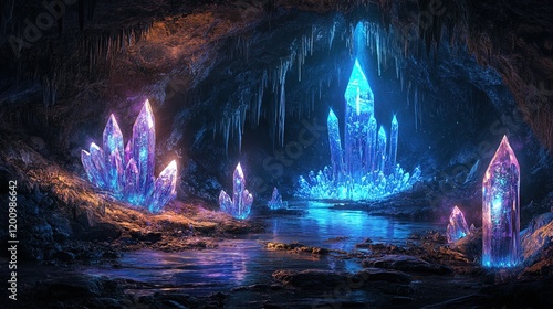 A mysterious cave with glowing crystals and a small underground lake