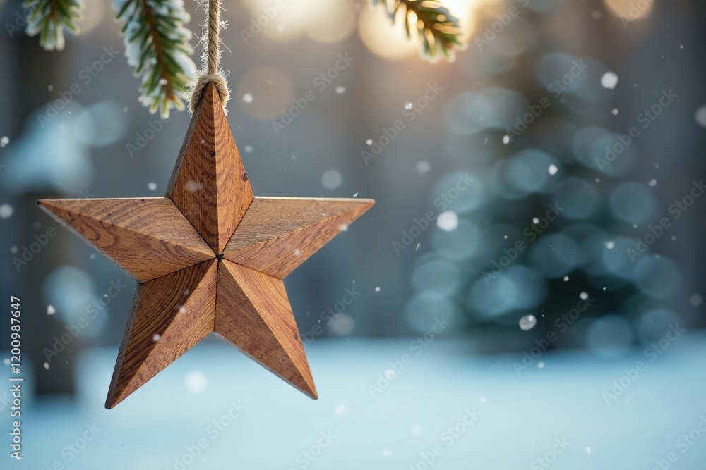 Wooden five-pointed star suspended from a sturdy rope, hanging gently in the air, festive decor, natural, winter Wooden five-pointed star suspended from a sturdy rope, hanging gently in the air, festive decor, natural, winter