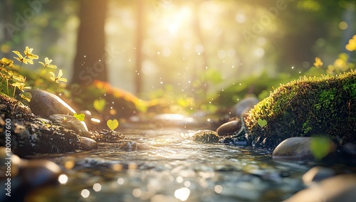 Close-up of a small stream in a forest, with moss and rocks. The background is blurred, and the lighting is in the golden hour, giving it a fantasy-like style  photo