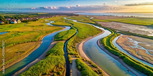 Canvey Island Oyster Creek, Essex, UK: Aerial Drone View of Minimalist Coastal Landscape photo