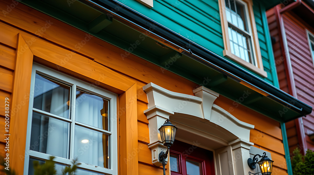 Obraz premium Charming Colorful Houses: A Delightful Architectural View. Teal, Orange, and Red hues create a vibrant streetscape. Classic design, inviting entryways, and warm lighting add to the appeal.