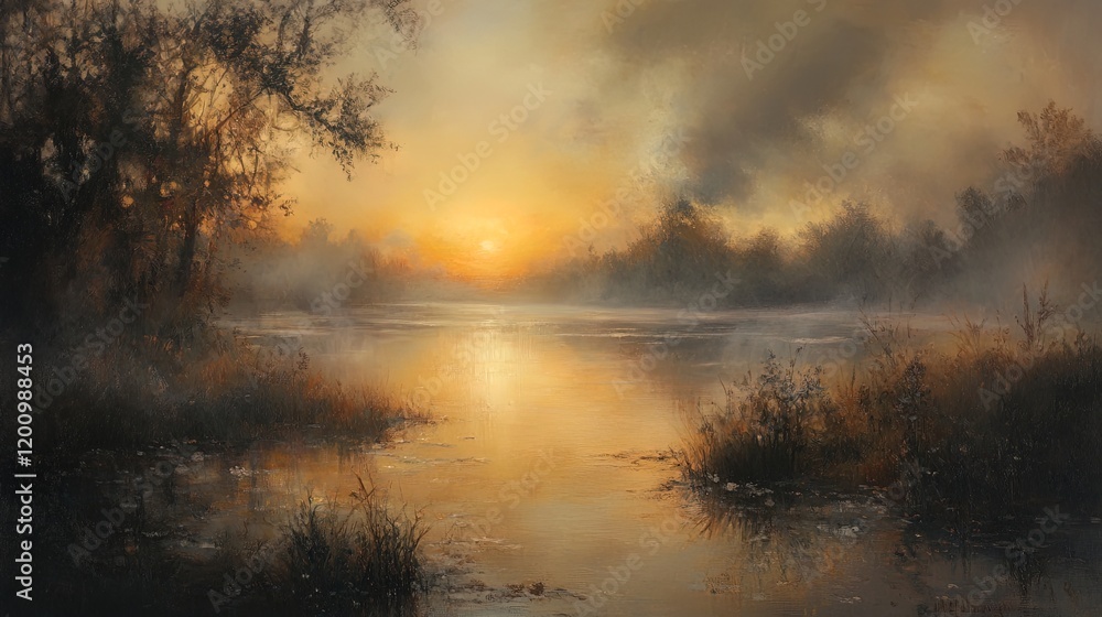 Fototapeta premium A misty river landscape at dawn, with soft light and ethereal reflections