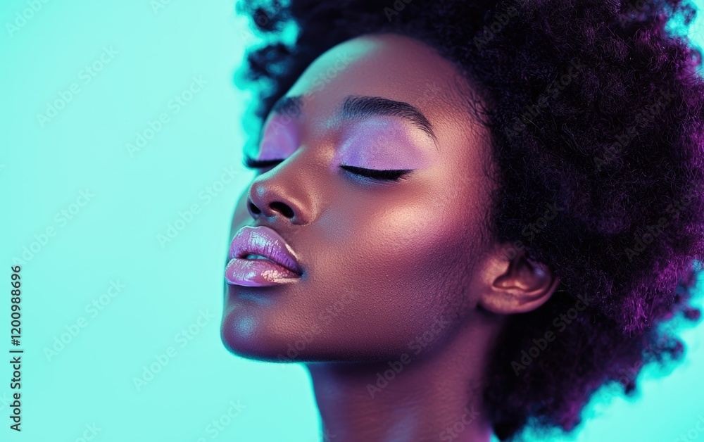 Obraz premium A radiant woman with soft lavender eyeshadow, rosy blush, and shimmering gloss, set against a pastel mint backdrop