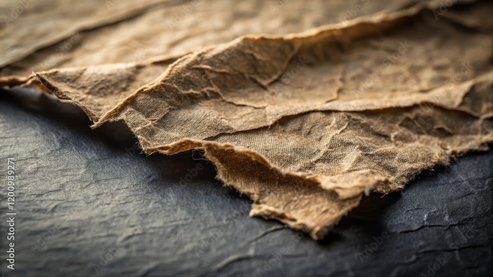 Textured Fabric Draped on a Dark Surface Showing Wrinkles and Frayed Edges Textured Fabric Draped on a Dark Surface Showing Wrinkles and Frayed Edges