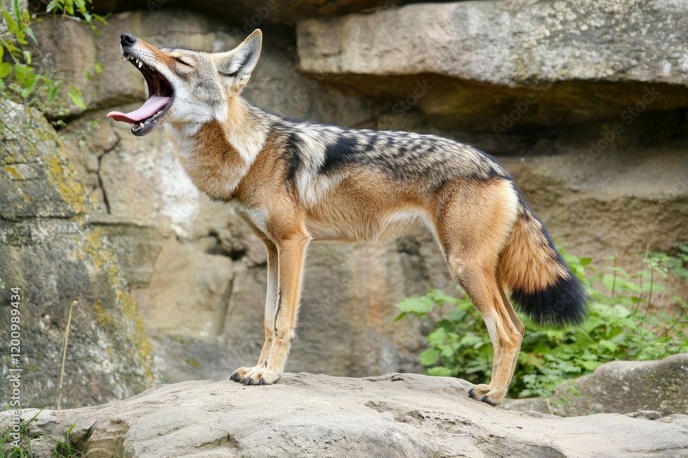 Obraz premium A striking image of a black-backed jackal standing on a rocky outcrop, howling. 
