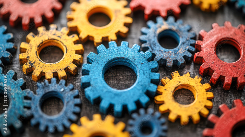 Colorful gears scattered on a textured surface create an engaging display of mechanical artistry and design elements in various sizes Colorful gears scattered on a textured surface create an engaging display of mechanical artistry and design elements in various sizes