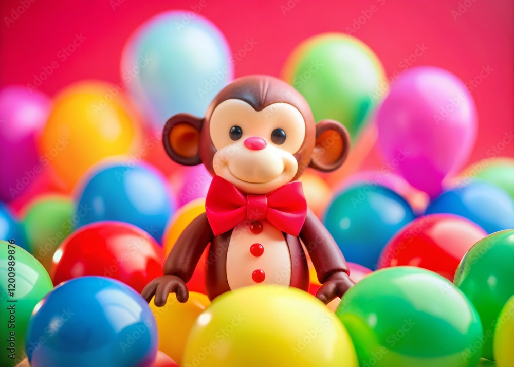 Cheerful Toy Monkey with Colorful Balloons - Tilt-Shift Miniature Photography Cheerful Toy Monkey with Colorful Balloons - Tilt-Shift Miniature Photography