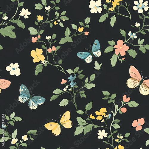 Seamless Floral Pattern with Colorful Butterflies, Delicate Flowers, and Leafy Vines on a Black Background, Perfect for Decorative Projects, Textiles, and Designs photo