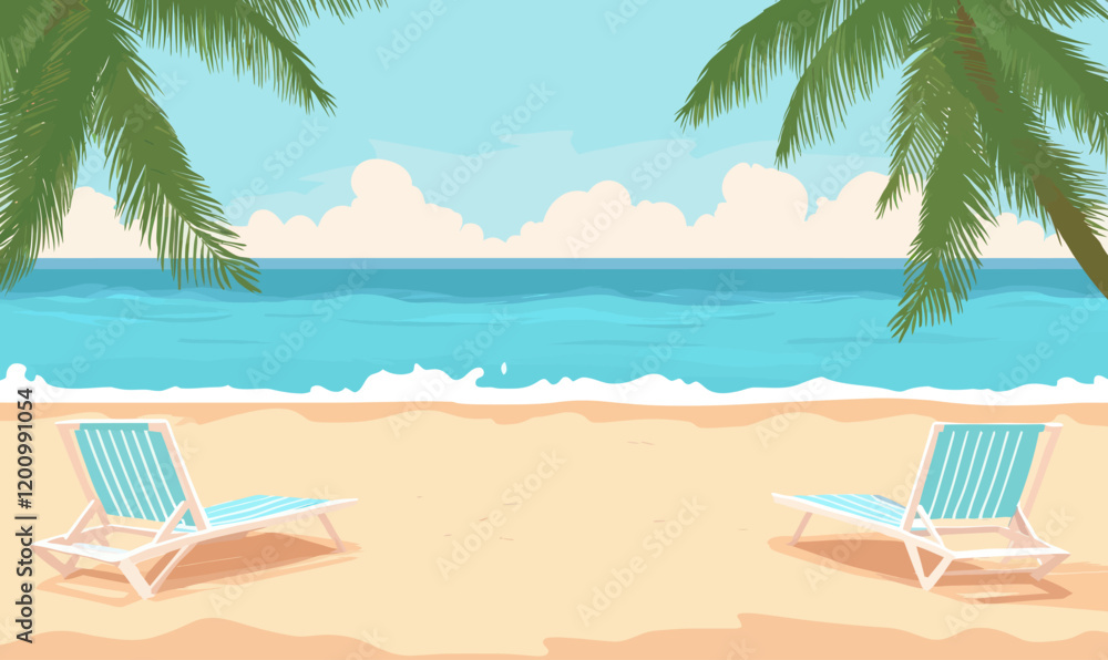 Tranquil Tropical Beach Scene with Palm Trees and Sun Loungers Vector Illustration Tranquil Tropical Beach Scene with Palm Trees and Sun Loungers Vector Illustration