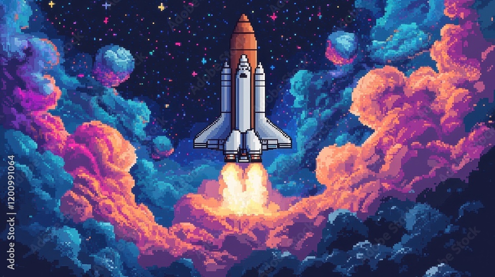 Naklejka premium Spacecraft Ascending Through Vibrant Cosmic Clouds